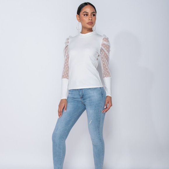 Cassie Blush Pink Polka Dot Mesh Sleeve Blouse Top - Picture 6 of 11